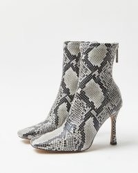 RIVER ISLAND GREY SNAKE PRINT SOCK BOOTS / printed square toe high heel booties / reptile prints on women’s footwear