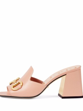Gucci Horsebit 75mm mule sandals in soft pink ~ retro chunky heeled mules ~ slip on flared block heel sandal ~ womens luxe designer footwear - flipped
