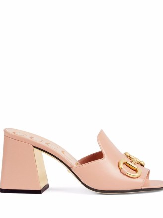 Gucci Horsebit 75mm mule sandals in soft pink ~ retro chunky heeled mules ~ slip on flared block heel sandal ~ womens luxe designer footwear