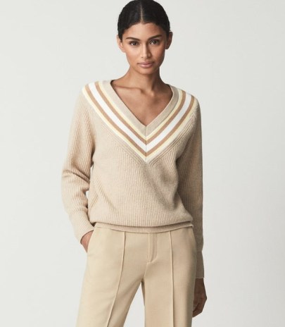 Reiss HADLEY COLOUR BLOCK V NECK SWEATER NEUTRAL | womens contrast stripe sweaters - flipped