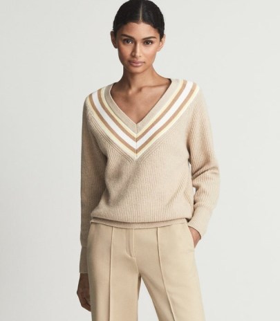 Reiss HADLEY COLOUR BLOCK V NECK SWEATER NEUTRAL | womens contrast stripe sweaters