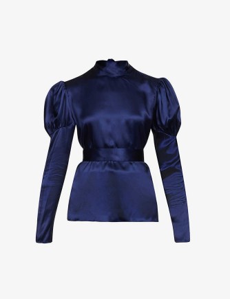 HARMUR Grown Up high-neck silk top in Stormy Navy ~ dark blue romantic style puff sleeve tops - flipped