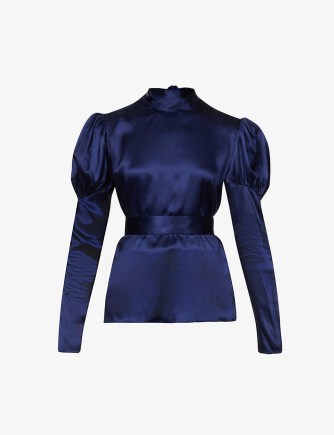 HARMUR Grown Up high-neck silk top in Stormy Navy ~ dark blue romantic style puff sleeve tops