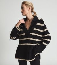 REISS HARPER STRIPED KNITTED V NECK JUMPER BLACK ~ women’s relaxed fit jumpers ~ womens stylish knitwear