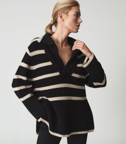 REISS HARPER STRIPED KNITTED V NECK JUMPER BLACK ~ women’s relaxed fit jumpers ~ womens stylish knitwear - flipped