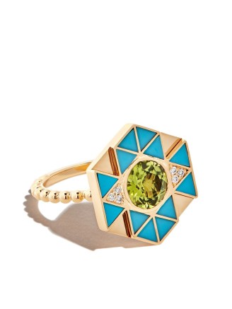 Harwell Godfrey 18kt yellow gold evil eye turquoise, peridot and diamond ring ~ womens green stone rings - flipped