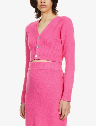 HELMUT LANG Fuzzy cropped cotton-blend cardigan in disco pink – bright crop hem V-neck cardigans - flipped