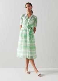 L.K. BENNETT HENDRICK GREEN AND WHITE COTTON-SILK STRIPED SHIRT DRESS ~ dresses for spring with a vintage look ~ retro fashion