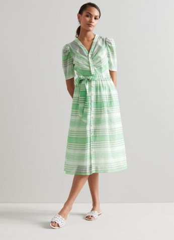 L.K. BENNETT HENDRICK GREEN AND WHITE COTTON-SILK STRIPED SHIRT DRESS ~ dresses for spring with a vintage look ~ retro fashion - flipped