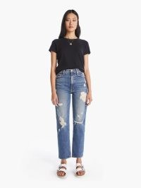 MOTHER DENIM THE HIGH WAISTED STUDY HOVER in Peaches And Scream | womens faded blue wash loose straight leg jeans | destroyed | ripped