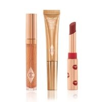 Charlotte Tilbury GOLDEN, GLOWING HOLIDAY LOOK MAKEUP KIT ~ sheer gold lip gloss ~ red lipstick ~ golden liquid highlighter ~ cosmetic kits for lips ~ beauty products