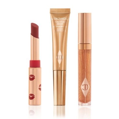 Charlotte Tilbury GOLDEN, GLOWING HOLIDAY LOOK MAKEUP KIT ~ sheer gold lip gloss ~ red lipstick ~ golden liquid highlighter ~ cosmetic kits for lips ~ beauty products - flipped
