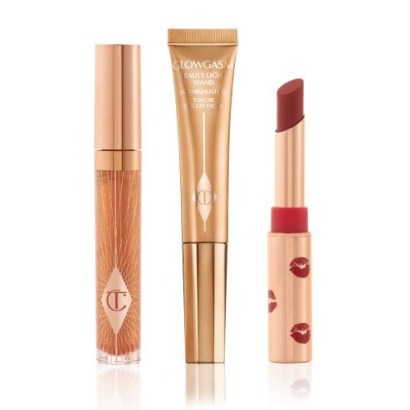 Charlotte Tilbury GOLDEN, GLOWING HOLIDAY LOOK MAKEUP KIT ~ sheer gold lip gloss ~ red lipstick ~ golden liquid highlighter ~ cosmetic kits for lips ~ beauty products