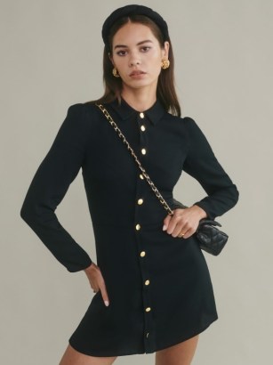 REFORMATION Hugh Dress in Black ~ long sleeve front button detail mini dresses ~ chic LBD - flipped