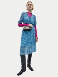 JIGSAW Hydrangea Crinkle Dress / blue floral ruffle trim dresses