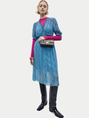 JIGSAW Hydrangea Crinkle Dress / blue floral ruffle trim dresses - flipped