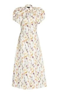 Brandon Maxwell Iris Open-Back Cotton Midi Dress in white | romantic high neck puff sleeve dresses | romance inspired floral print fashion