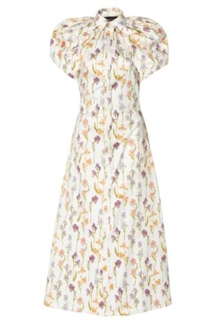 Brandon Maxwell Iris Open-Back Cotton Midi Dress in white | romantic high neck puff sleeve dresses | romance inspired floral print fashion - flipped