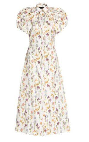 Brandon Maxwell Iris Open-Back Cotton Midi Dress in white | romantic high neck puff sleeve dresses | romance inspired floral print fashion