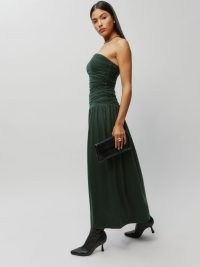 Reformation Isabelle Dress in Forest – green strapless fitted bodice maxi dresses – elegant evening fashion