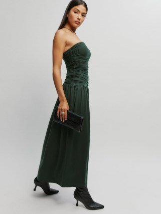 Reformation Isabelle Dress in Forest – green strapless fitted bodice maxi dresses – elegant evening fashion - flipped