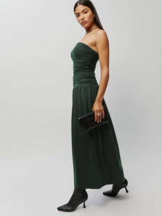 Reformation Isabelle Dress in Forest – green strapless fitted bodice maxi dresses – elegant evening fashion