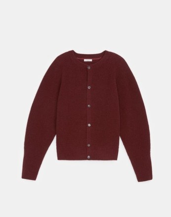 LAFAYETTE 148 ITALIAN CASHMERE-WOOL RIBBED BUTTON FRONT CARDIGAN in Ruby | women’s luxe round neck cardigans | women’s dark red knitwear - flipped