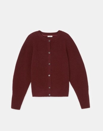LAFAYETTE 148 ITALIAN CASHMERE-WOOL RIBBED BUTTON FRONT CARDIGAN in Ruby | women’s luxe round neck cardigans | women’s dark red knitwear