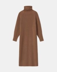 LAFAYETTE 148 ITALIAN CASHMERE WOOL RIBBED SWEATER DRESS in Toffee | chic brown long sleeve high neck jumper dresses | luxe knitted fashion