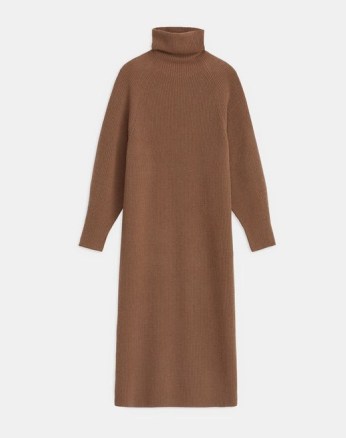 LAFAYETTE 148 ITALIAN CASHMERE WOOL RIBBED SWEATER DRESS in Toffee | chic brown long sleeve high neck jumper dresses | luxe knitted fashion - flipped