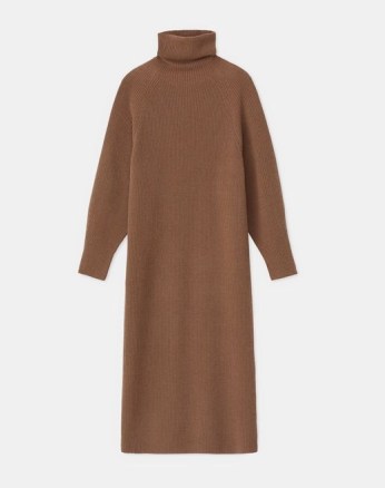LAFAYETTE 148 ITALIAN CASHMERE WOOL RIBBED SWEATER DRESS in Toffee | chic brown long sleeve high neck jumper dresses | luxe knitted fashion