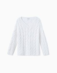 LAFAYETTE 148 ITALIAN KINDWOOL V-NECK 8 KNOT CABLE SWEATER in Cloud | women’s relaxed fit V-neck sweaters | womens luxe virgin wool jumpers