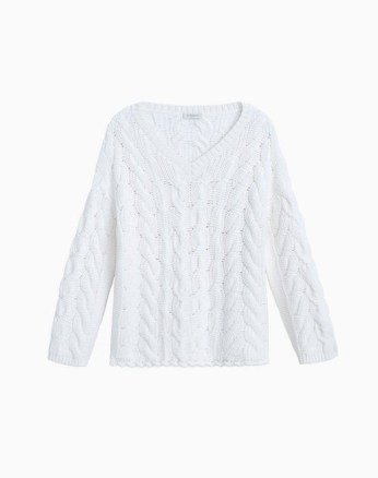 LAFAYETTE 148 ITALIAN KINDWOOL V-NECK 8 KNOT CABLE SWEATER in Cloud | women’s relaxed fit V-neck sweaters | womens luxe virgin wool jumpers - flipped