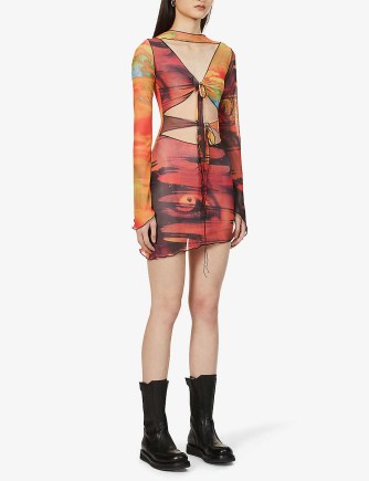 JADED LONDON Abstract-print cut-out stretch-mesh mini dress – asymmetric cutout dresses