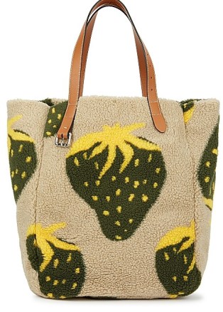JW ANDERSON Belt taupe strawberry-print fleece tote ~ large textured top handle shopper bags - flipped
