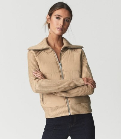 REISS KALEIGH KNITTED HYBRID DAY JACKET CAMEL / women’s stylish light bown part quilted jumpers / womens casual funnel neck jackets - flipped