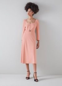 L.K. BENNETT KATERINA PINK CREPE BELTED DRESS ~ long sleeve sweetheart neckline occasion dresses