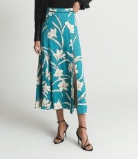 REISS KATIA PRINTED SLIP MIDI SKIRT BLUE ~ feminine floral split hem dresses ~ fluif floaty fashion
