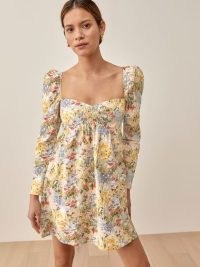 Reformation Kenzi Dress in Countryside – floral print empire waist mini dresses – babydoll style fashion