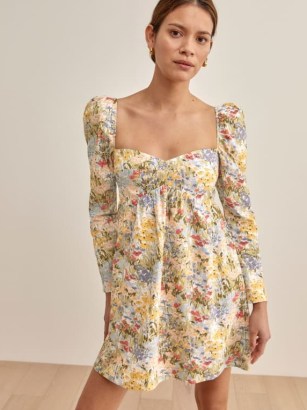 Reformation Kenzi Dress in Countryside – floral print empire waist mini dresses – babydoll style fashion - flipped