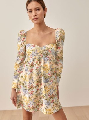 Reformation Kenzi Dress in Countryside – floral print empire waist mini dresses – babydoll style fashion