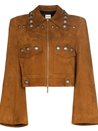 KHAITE Lyle studded suede jacket cognac brown ~ women’s cropped studd embellished jackets - flipped