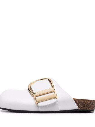 KHAITE The Downing white buckle-detail mules | buckled moulded footbed mule flats | womens round toe slip ons - flipped