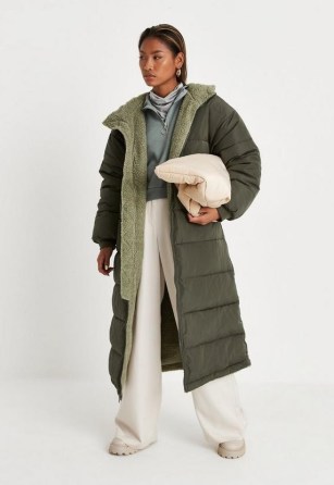 MISSGUIDED khaki borg teddy contrast lining puffer coat – women’s on-trend green longline padded coats - flipped