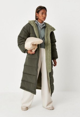 MISSGUIDED khaki borg teddy contrast lining puffer coat – women’s on-trend green longline padded coats