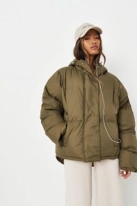 MISSGUIDED khaki drop shoulder oversized hooded puffer coat – women’s trendy padded coats / jackets