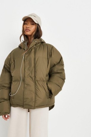 MISSGUIDED khaki drop shoulder oversized hooded puffer coat – women’s trendy padded coats / jackets - flipped
