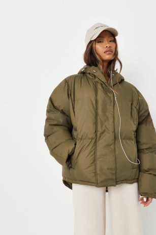 MISSGUIDED khaki drop shoulder oversized hooded puffer coat – women’s trendy padded coats / jackets