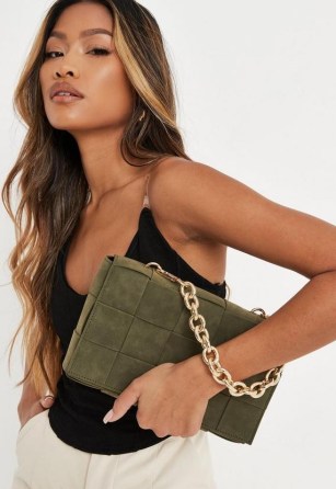 Missguided khaki faux suede weave cassette bag – green woven style chain strap handbags - flipped