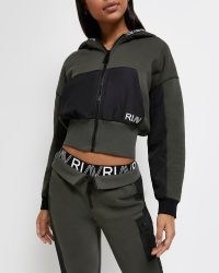 RIVER ISLAND KHAKI RI ACTIVE CROPPED ZIP UP HOODIE ~ women’s green front zipper hoodies